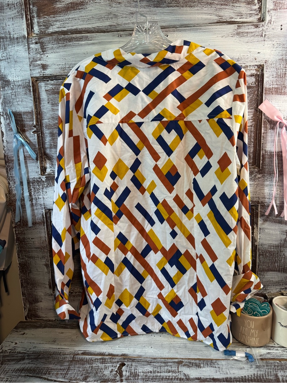 Ashley Stewart White Button-Down Shirt with Navy, Mustard & Rust Geometric Print - Picture 6 of 7
